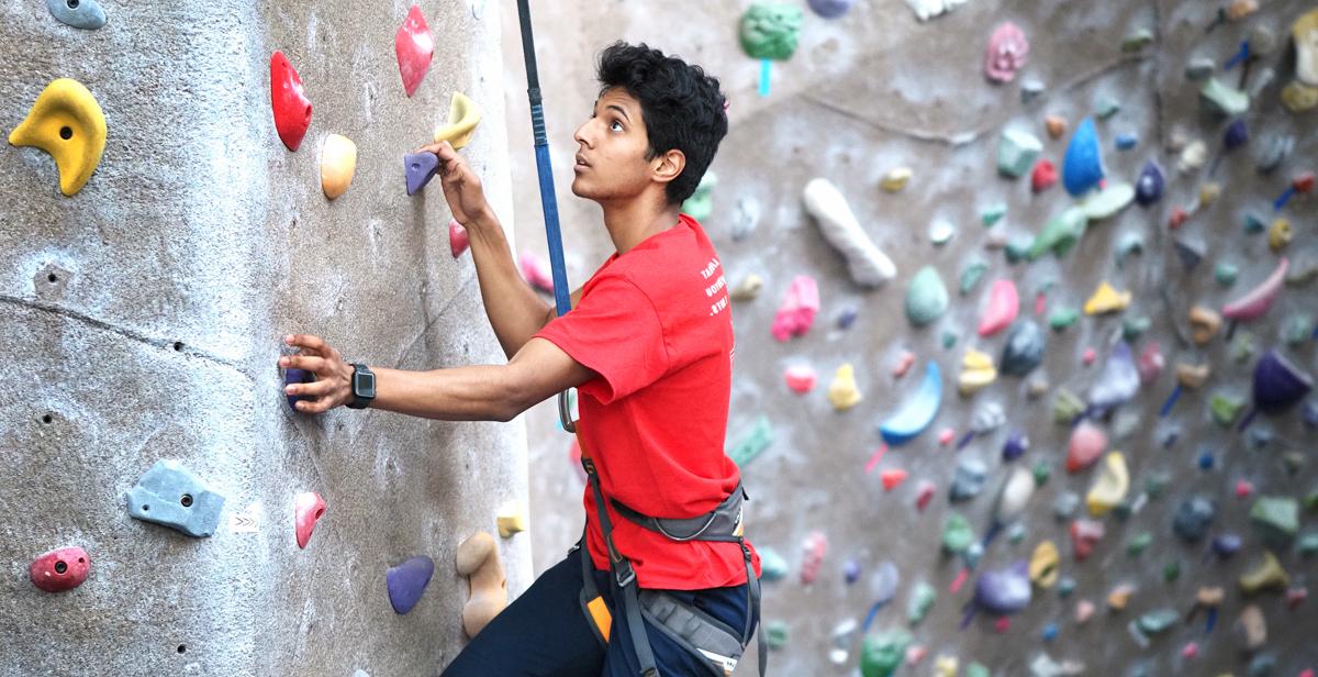Suhas Patil at the rock wall at the Student Rec Center at the University of South Alabama